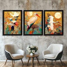 Listing image for Luxury Stork Wall Art Set of 3 Prints Colourful Art Prints For Lounge Bird Print