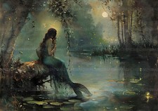 Listing image for Moonlight Mermaid Art Print, Enchanted Lake Wall Decor, Fantasy Water Spirit P70