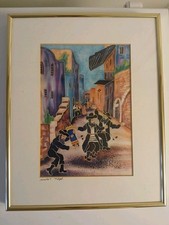 Listing image for Signed Lavi G Vintage Israeli Folk Art Print Framed Judaica Wall Art