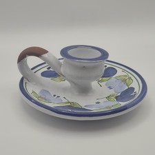 Listing image for Hand-Painted Folk Art Pottery Chamberstick Candle Holder Blue Floral Portuguese