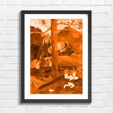 Listing image for Polynesian Village Figures Tree Landscape Orange Framed Wall Art Print Large