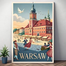 Listing image for Majestic Warsaw Poland Travel Poster - Royal Castle and Mermaid Art Print moreDe