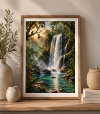 Listing image for Rainforest Waterfall Wall Art A4 Print | Tropical Jungle Decor Monkey Waterfall