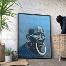 Listing image for Mursi Tribesman with Horn Earrings Wall Artethiopian East African Home Decor Afr
