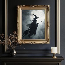 Listing image for Flying Witch on Broomstick print. Halloween Wall Art. Spooky Decor. Full Moon
