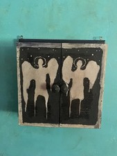 Listing image for Folk Art Hand Painted Acrylic Angel On Wood Shrine Box Signed Wall Hanging 11x11