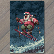 Listing image for Art Print Santa Ski Jump Retro Pixel Style Funny Christmas Winter Sports Card