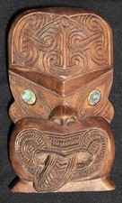 Listing image for Wheku Cultural Māori Wood Carving Face Wall Mask Abilone Eyes New Zealand