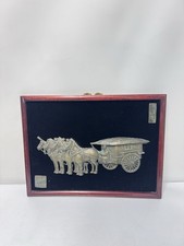 Listing image for Vintage Chinese Brass Ox Cart Wall Plaque Wooden Frame Oriental Art Decor