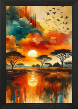 Listing image for African Sunset Landscape Painting Framed Wall Art Poster Canvas Print Picture