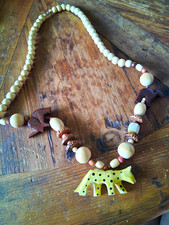 Listing image for Boho Woodland Animal Wood Bead Statement Necklace safari Folk Art
