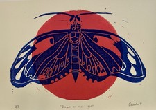 Listing image for Indigo Moth Linocut Print Celestial Sun Folk Art Wall Decor