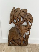 Listing image for Large Hand Carved Wooden Elephant Wall Hanging Plaque Tribal Safari Wall Art