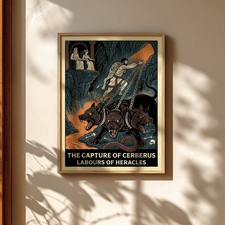 Listing image for Heracles Captures Cerberus Poster, Greek Mythology Art, Ancient Greece Print