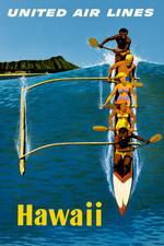 Listing image for Hawaii Outrigger Canoe 1960s Travel Poster Fine Art Print 17"x22"