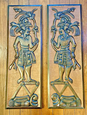 Listing image for Vintage Mid Century Honduras Carved Wood Panels Mayan Warrior Wall Art Pair Tiki