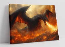 Listing image for COOL BLACK DRAGON BREATHING FIRE ON CITY FRAMED CANVAS WALL ART PICTURE PRINT