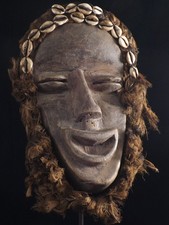 Listing image for Antique African Ritual Mask Congo Cowrie Shells Raffia Hand Carved Hardwood 30cm