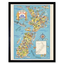 Listing image for 1938 Pictorial Map Fun Map Of New Zealand Wall Art Print Framed 12x16