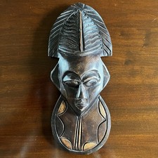 Listing image for 11” Wooden Mask Hand Carved Wall Art Tiki Tribal African Wood Vintage Metal Deco