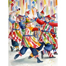 Listing image for Morris Dancers Dancing Modern Folk Art Watercolour Canvas Poster Print Wall Art