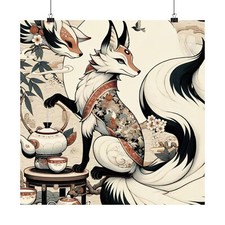 Listing image for Matte Square Poster Wall Art Japanese Kitsune Tea Ceremony Art Fox Spirit Decor