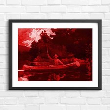 Listing image for Man Fly Fishing canoe Lake Nature Red Framed Wall Art Print Large Picture Home