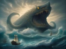 Listing image for Sea Monster Creature Rising from Ocean Waves Attacking Ships Poster Art Print A