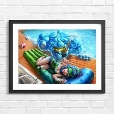 Listing image for Fantasy Girl With Water Monster Pool Party Original Framed Wall Art Print Large