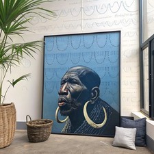 Listing image for Mursi Tribesman with Horn Earrings Wall Artethiopian East African Home Decor Afr