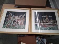 Listing image for Pair Thai Art Silk Painting Royal Barge SUPHANNAHONG Wat Arun Art Home Decor