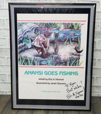 Listing image for Anansi Goes Fishing Poster with Eric A. Kimmel SIGNED 1992 with Frame