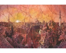 Listing image for Tallinn Estonia skyline watercolor batik landscape church bell-towers (print)