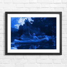 Listing image for Man Fly Fishing canoe Lake Nature Blue Framed Wall Art Print Large Picture Home