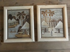 Listing image for Pair Vintage Wood Framed African Folk Art Wood Bark Marquetry Village Scenes