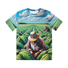 Listing image for All Over Print T Shirt Retro Style Tobacco Farm Art Leaves Crop Work NC Farmer