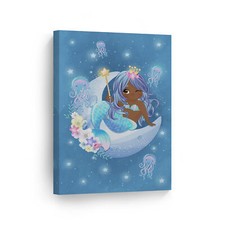 Listing image for African American Mermaid Kid Sitting Crescent Moon Canvas Wall Art Print