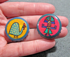 Listing image for Vintage folk art paper print hand painted tin soda caps Kachina & Turkey brooch