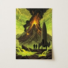 Listing image for Volcano Eruption And Rocket In Green Landscape Wall Art Print