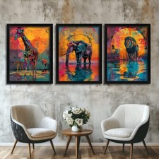 Listing image for African Wildlife Wall Art Set Of 3 Prints Colourful Giraffe Elephant Lion Prints