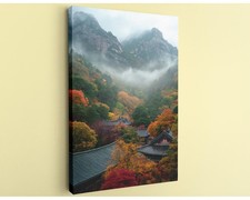 Listing image for Korean Temple Wall Art Autumn Misty Mountain Canvas Print Zen Decor