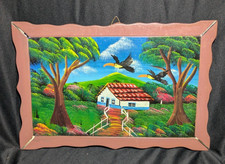 Listing image for Original Colorful Rural Caribbean Painting Wood Plaque Folk Wall Art Toucan Bird