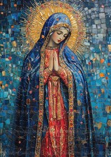 Listing image for Virgin Mary Golden Halo Catholic Mosaic Mantle Devotional Wall Art Print AM12