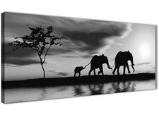 Listing image for Black White African Sunset Elephants Canvas Wall Art Picture - 120cm Wide - 1363