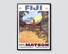 Listing image for Fiji Vintage Travel Poster, Island Beach Pacific Wall Art Print, Tropical Palm