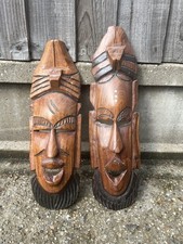 Listing image for African Hand Carved Wooden Mask Vintage African Totem Wooden Face Wall Decor 14”