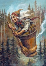 Listing image for Baba Yaga Art Print Slavic Witch in Mortar Flying Over Forest Folklore AG24