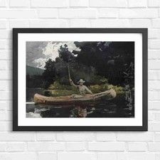 Listing image for Man Fly Fishing canoe Lake Nature Original Framed Wall Art Print Large Picture