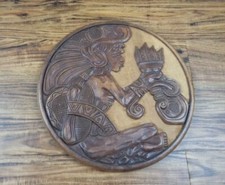 Listing image for Vintage Hand Carved Wood Round Wall Art Plaque Mayan god Ceremonial Depiction