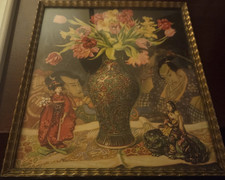 Listing image for Japanese Traditional Framed Art Print Vase Flowers Figures Cultural Wall Decor